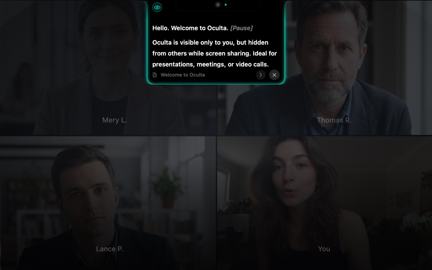 Oculta&rsquo;s notes on screen during a four-person video call, visible only to the presenter