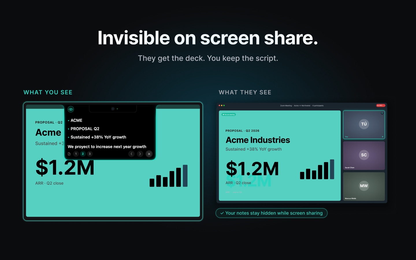 Side by side: the presenter&rsquo;s view with notes, and the shared screen without them