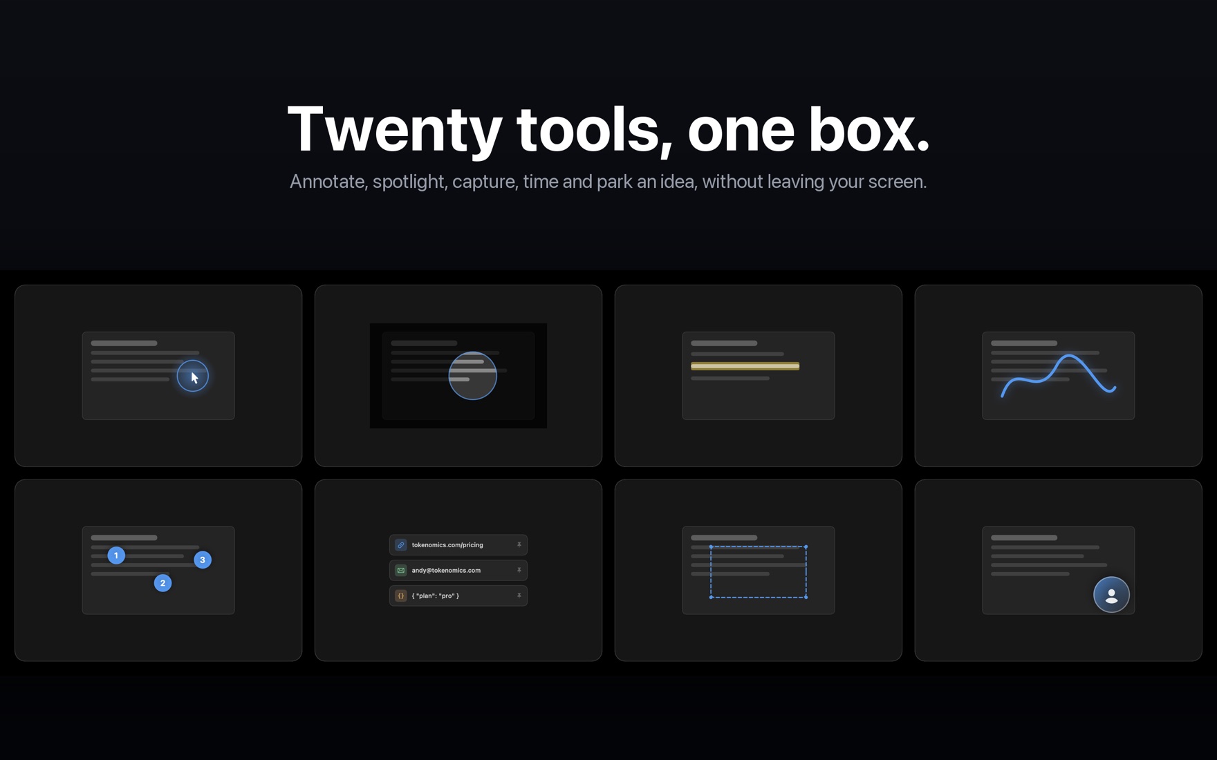 Twenty tools, one box. A dark grid of eight tiles showing cursor highlight, spotlight, highlighter, freehand pen, numbered stamps, saved snippets, a selection marquee and a presenter overlay.